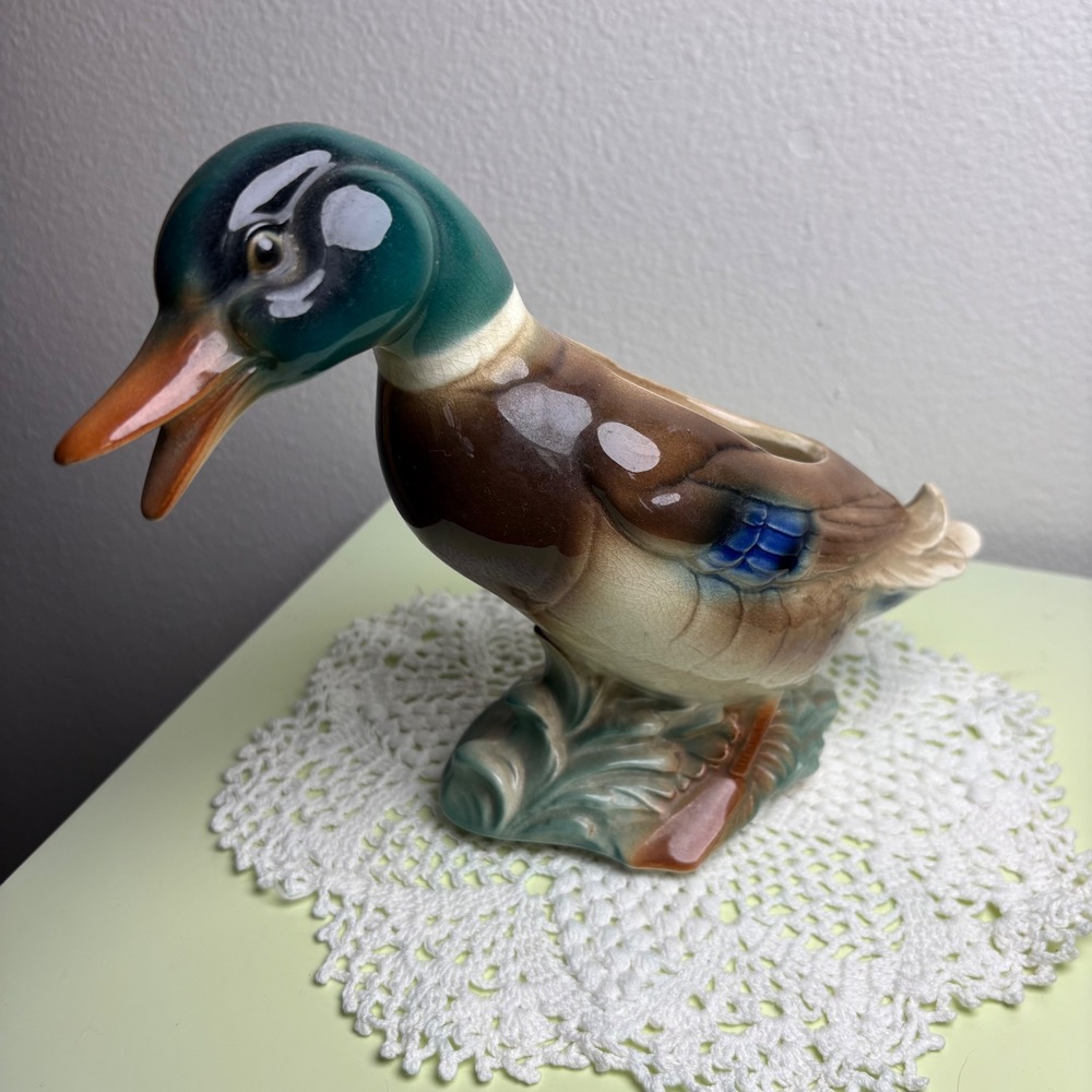 Vintage Green Mallard Duck Planter Cabin Core Ceramic Glazed REPAIRED TAIL